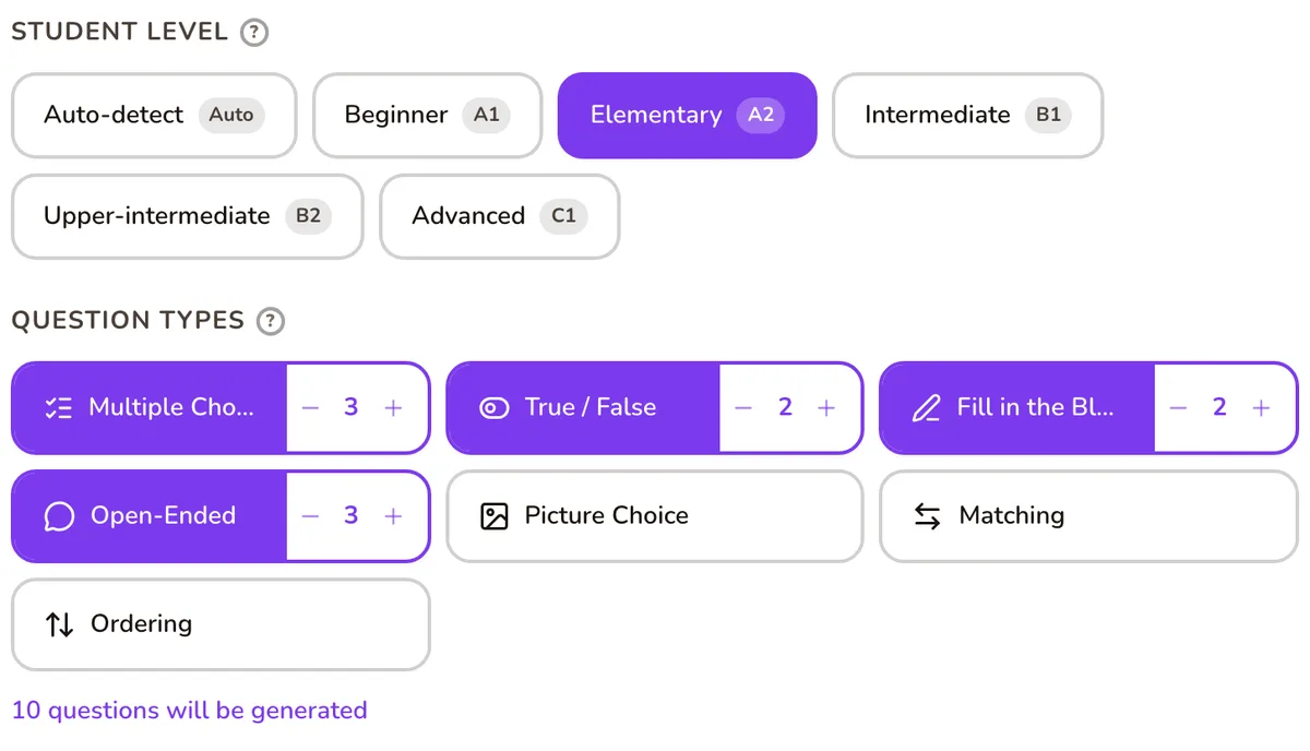 The Tembii level and question type controls, with the Elementary level selected and four question types switched on