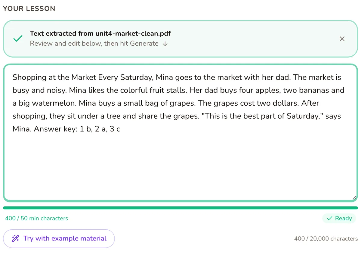 The Tembii lesson box after a lesson PDF is uploaded, with a “Text extracted” message and the PDF’s text filled in