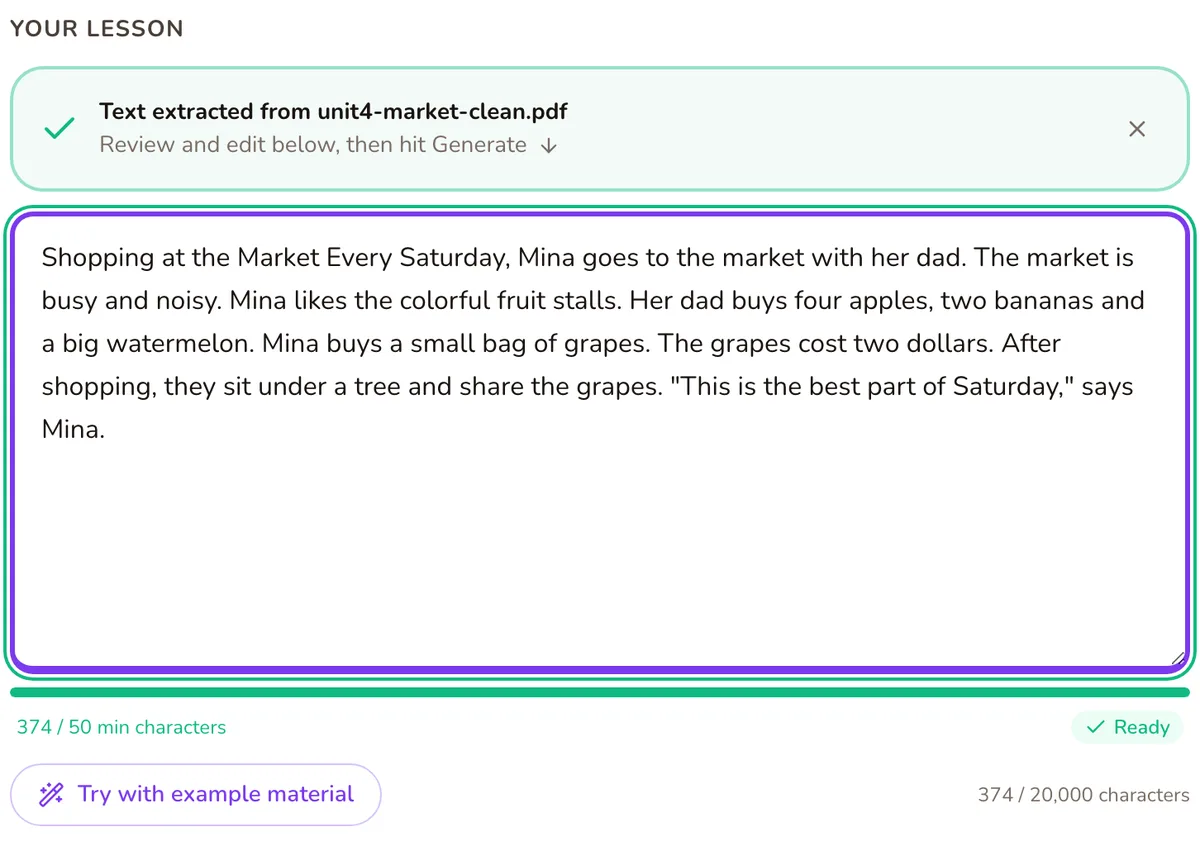 The same lesson text after the answer key line at the end was deleted, leaving only the passage