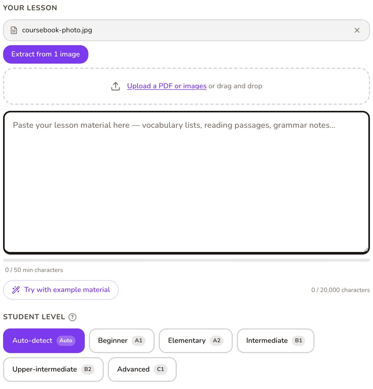 A photo of a coursebook page chosen in the Tembii lesson box, with an “Extract from 1 image” button