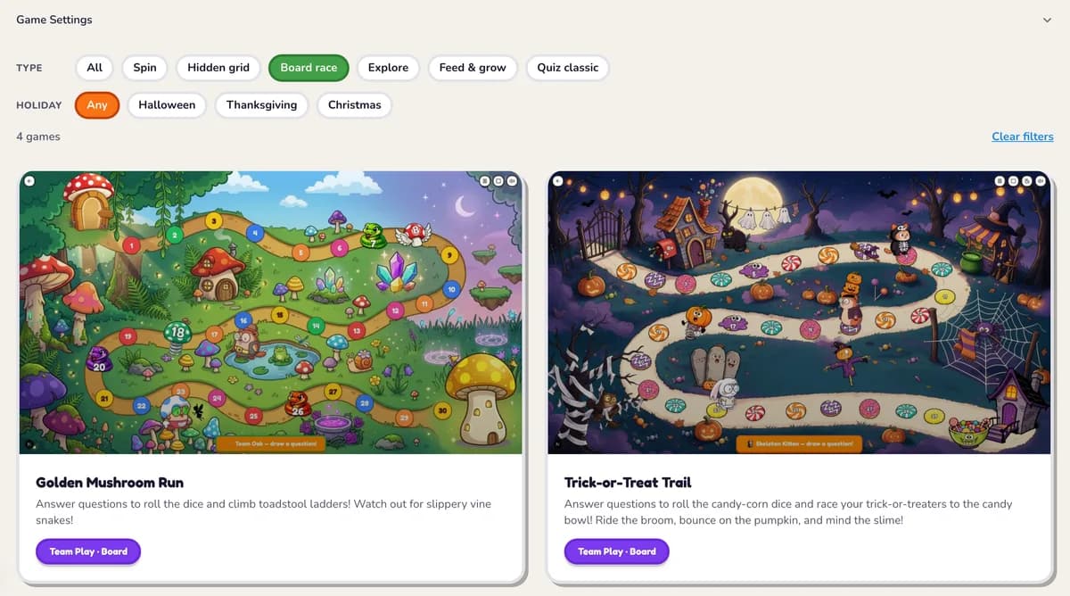 The Tembii game picker, filtered to board games, showing Golden Mushroom Run and Trick-or-Treat Trail