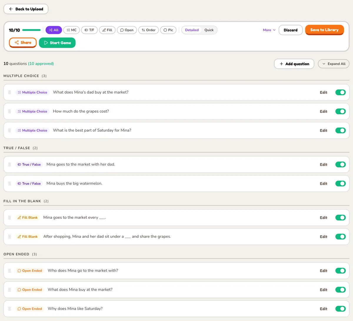 The Tembii review screen listing 10 comprehension questions about the passage, each with an on and off switch