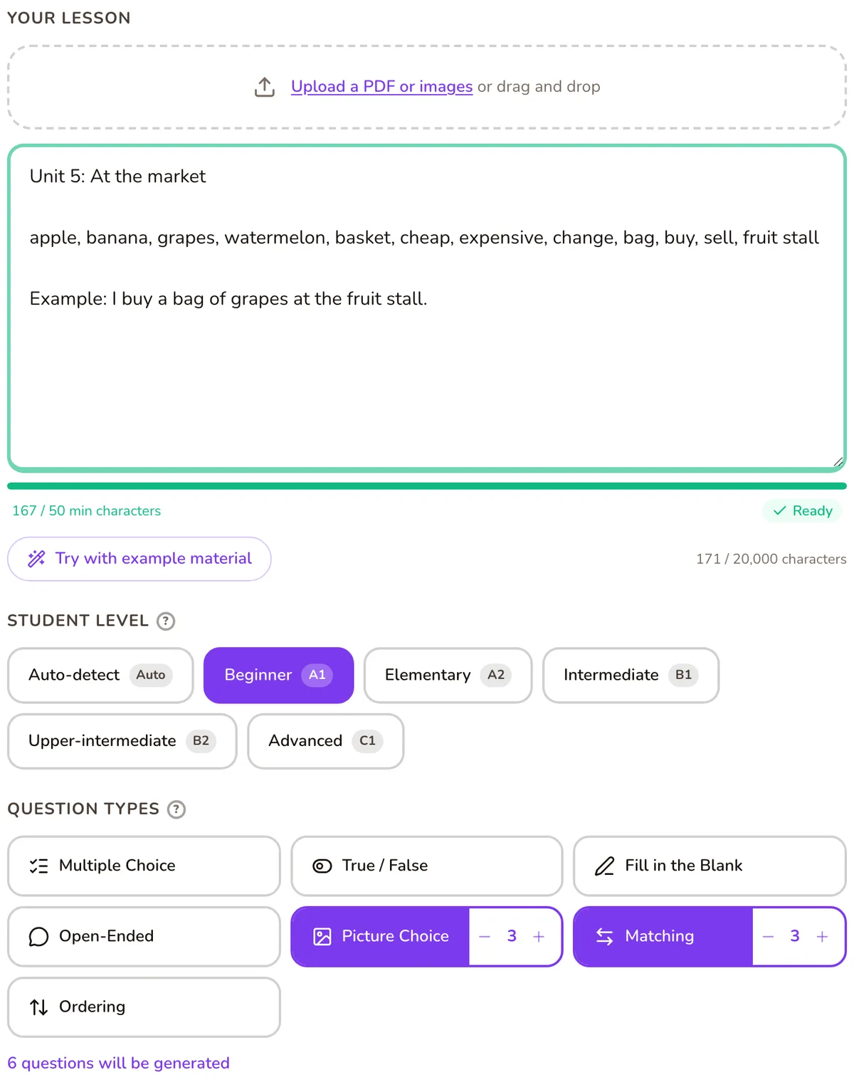 The Tembii lesson box with a vocabulary word list pasted in, the Beginner level selected, and Picture Choice and Matching question types turned on