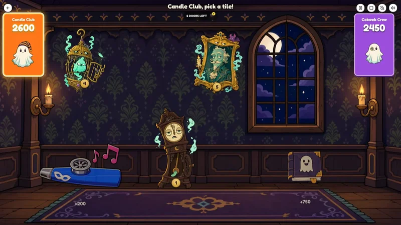 Haunted Manor Hunt: two ghost teams choose furniture to open in a candlelit manor room