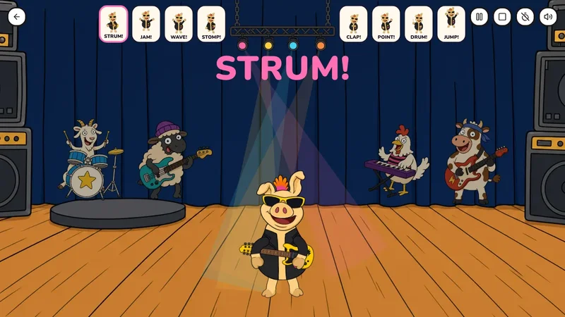 Hog Rock: Bruce the Pig in sunglasses and a leather jacket strums a guitar center stage while his barnyard band plays behind him